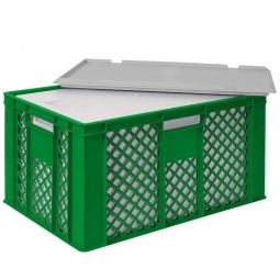 EPS-Thermobox im Stapelkorb mit Deckel, LxBxH 600x400x320 mm, grüner Korb, grauer Deckel