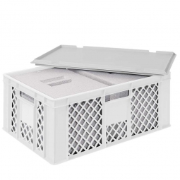 2 EPS-Thermoboxen im Stapelkorb mit Deckel, LxBxH 600x400x240 mm, weißer Korb, grauer Deckel