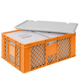 2 EPS-Thermoboxen im Stapelkorb mit Deckel, LxBxH 600x400x240 mm, orangener Korb, grauer Deckel
