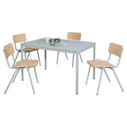 Mehrzweck-Sitzgruppe, 4 Stahlrohr-Stühle + 1 Kantinentisch, LxBxH 1200x800x750 mm, lichtgrau